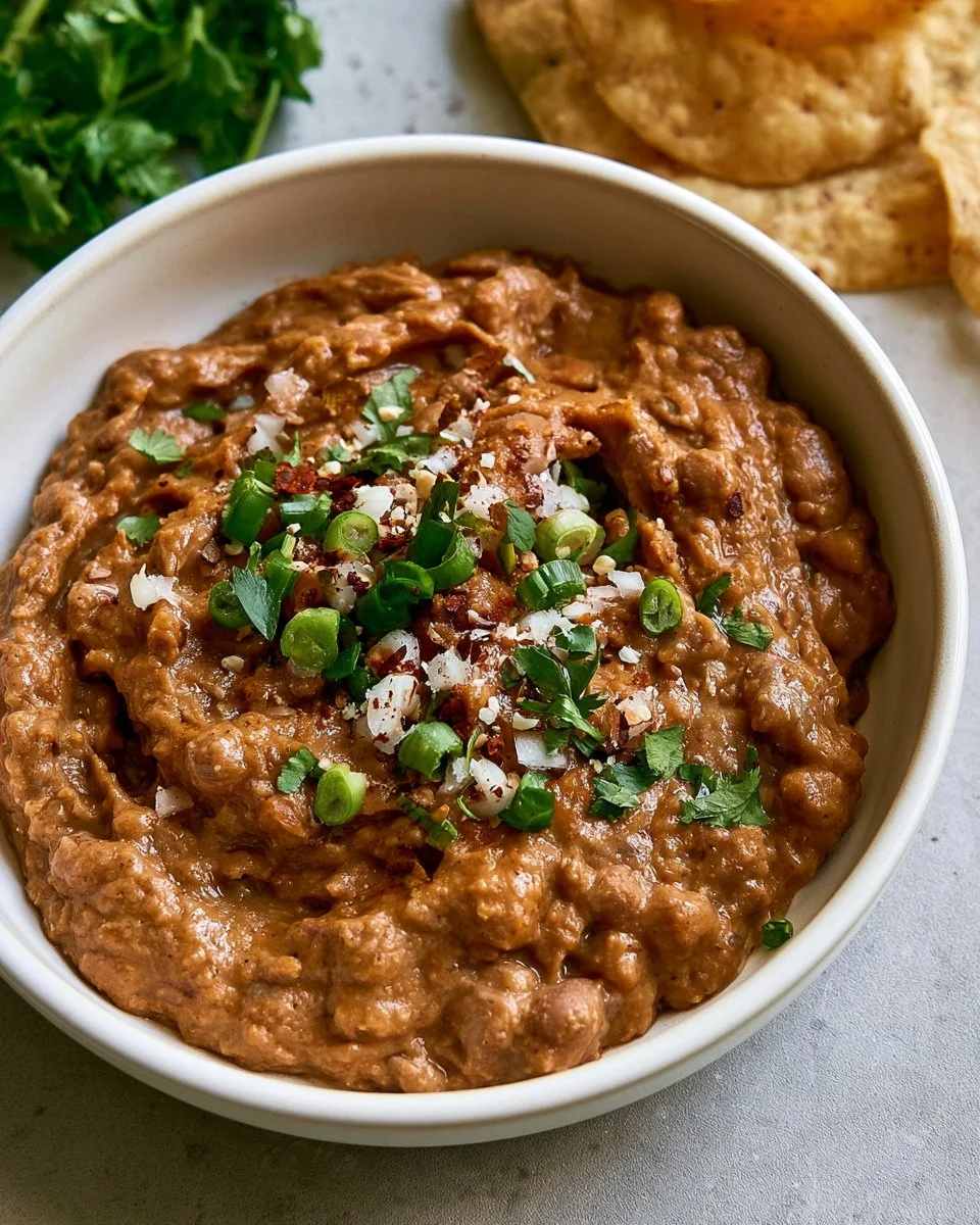Bowl of easy homemade refried beans with toppings