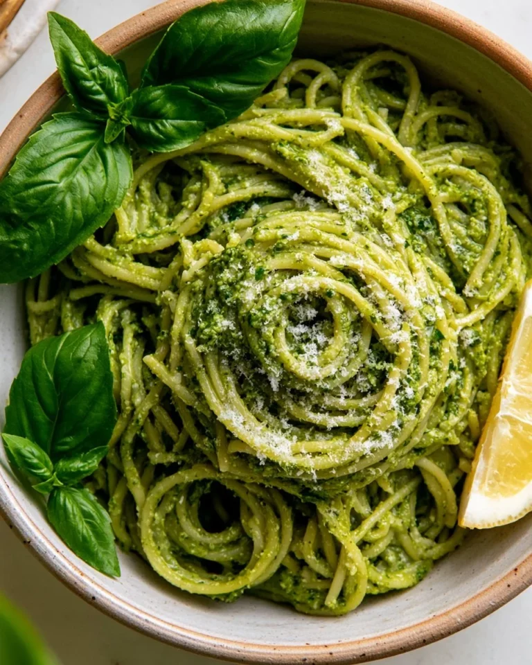 Easy pesto pasta dish prepared in 20 minutes, garnished with fresh basil.