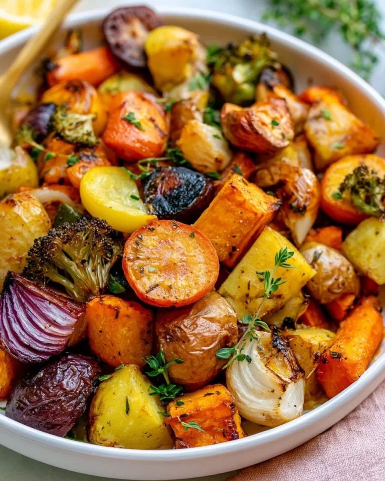 Bowl of easy roasted veggies featuring colorful bell peppers, carrots, and zucchini