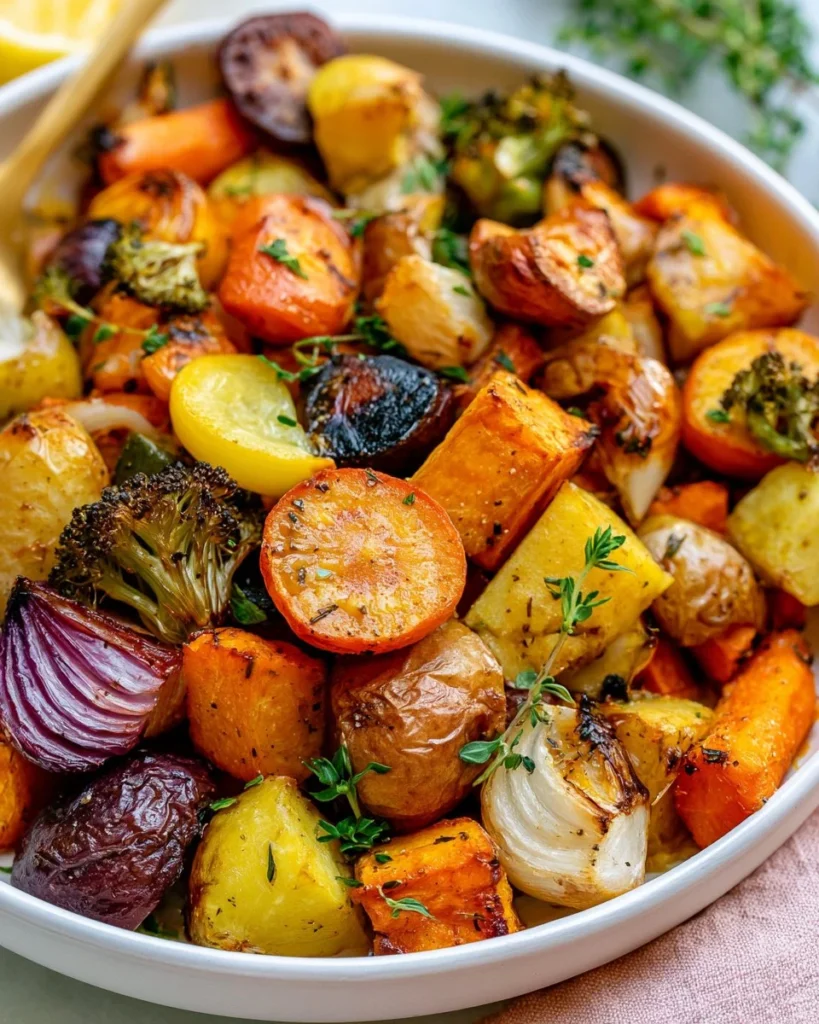 Bowl of easy roasted veggies featuring colorful bell peppers, carrots, and zucchini