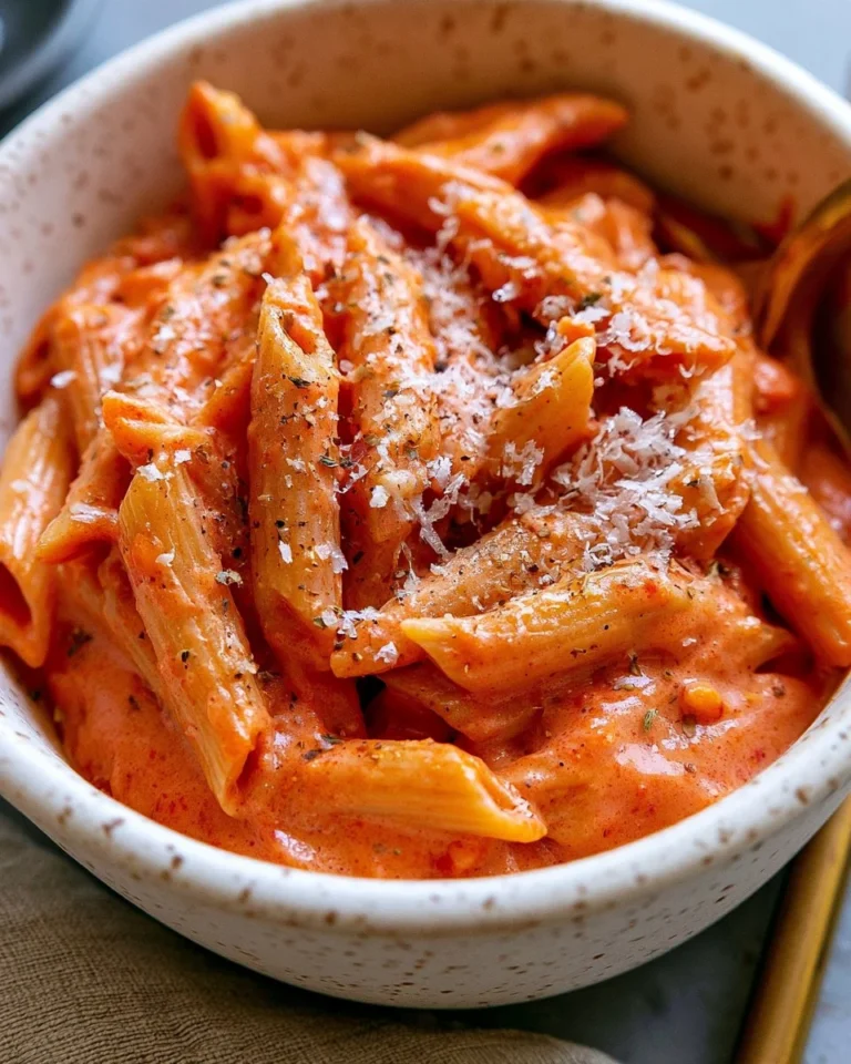 Delicious easy rose sauce served with pasta in a bowl.