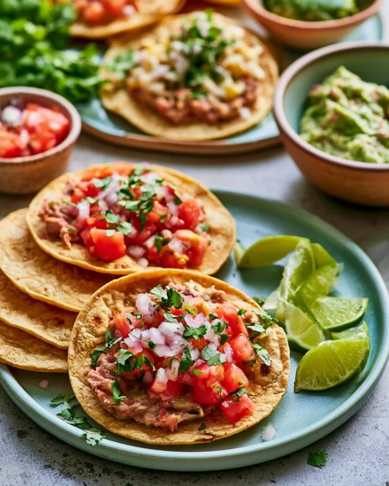 Plate of easy homemade tostadas topped with fresh ingredients