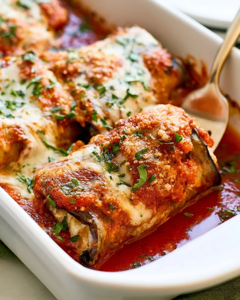 Delicious Eggplant Rollatini filled with ricotta cheese and marinara sauce