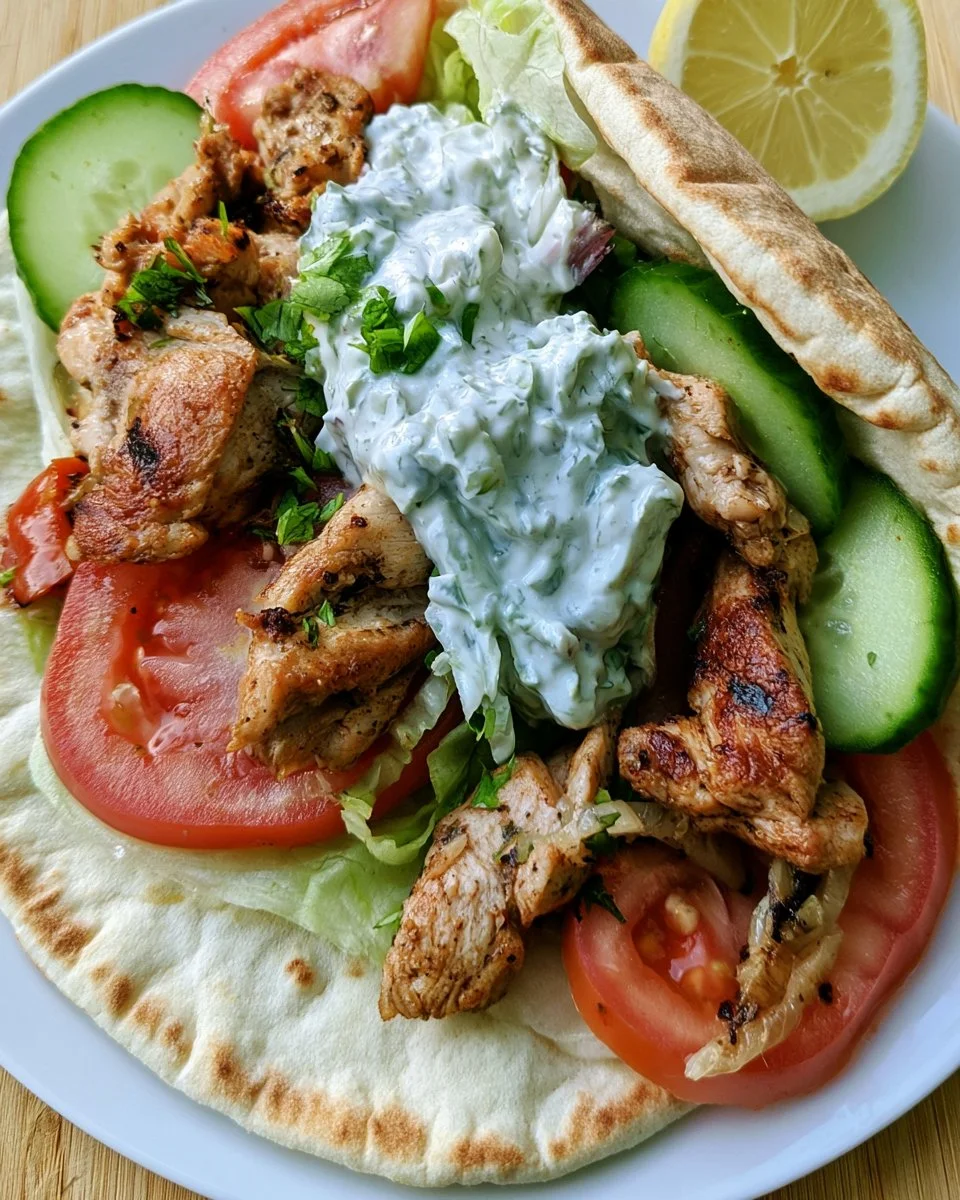 Delicious Greek Chicken Gyros served with creamy Tzatziki sauce
