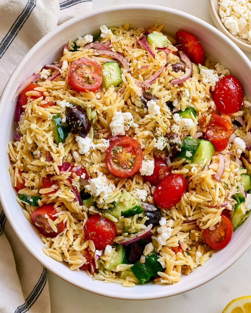 Delicious Greek Orzo Salad with fresh vegetables and feta cheese