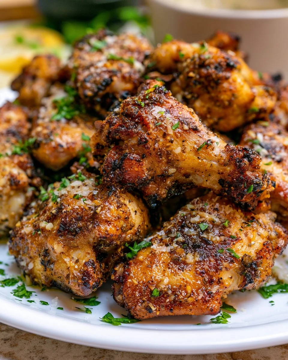Grilled garlic parmesan chicken wings garnished with parsley