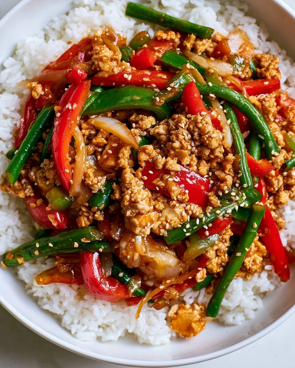 Delicious ground tofu stir fry served with colorful vegetables