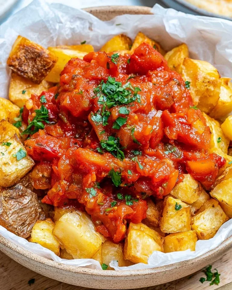 Healthy Patatas Bravas served with spicy sauce and garnished with herbs.