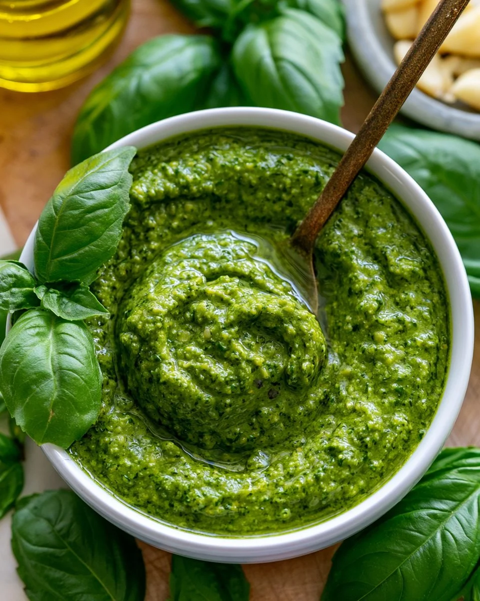 Homemade basil pesto made with fresh basil, garlic, and pine nuts.