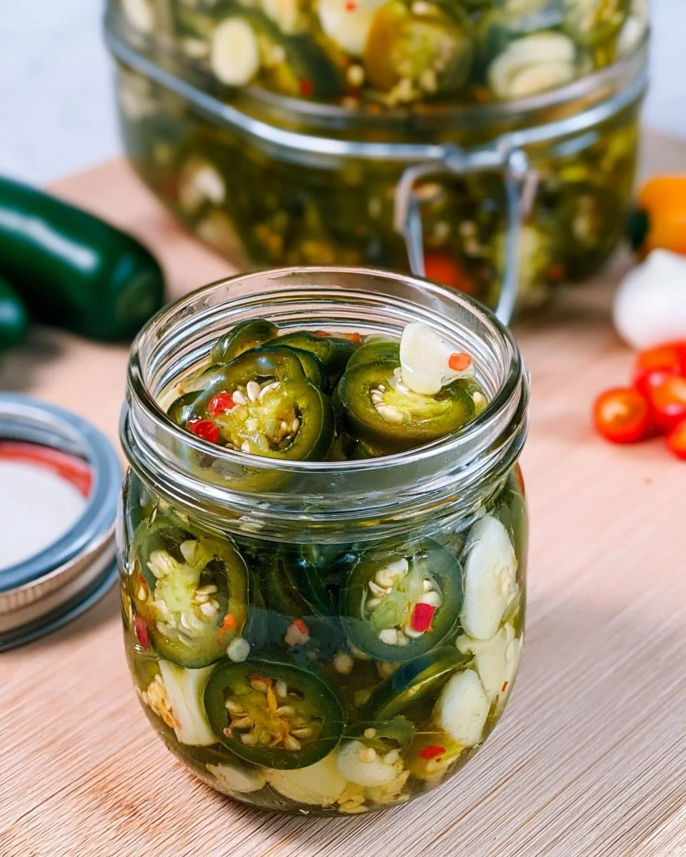 Jar of homemade pickled jalapeños on a kitchen counter