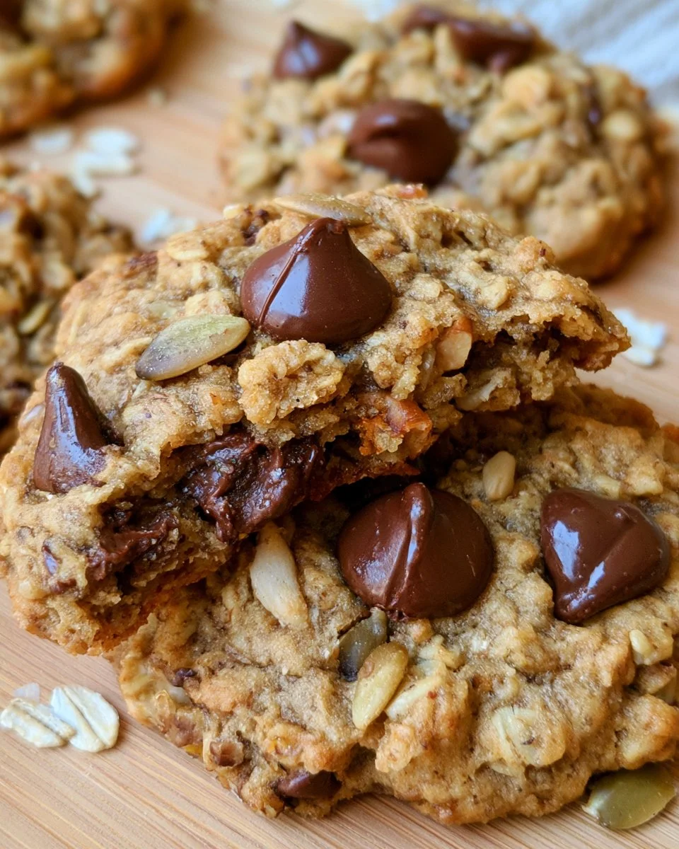 Oatmeal chocolate chip cookies with nuts and seeds on a plate