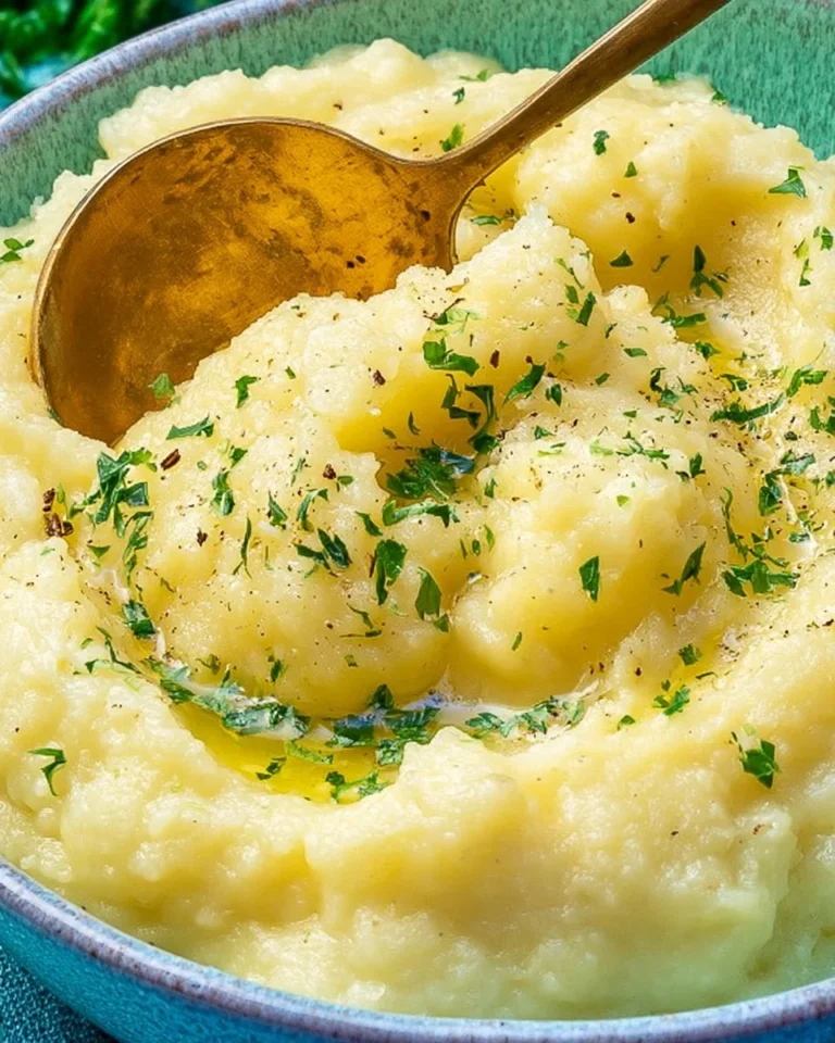 Creamy parsnip mashed potatoes served in a bowl topped with herbs