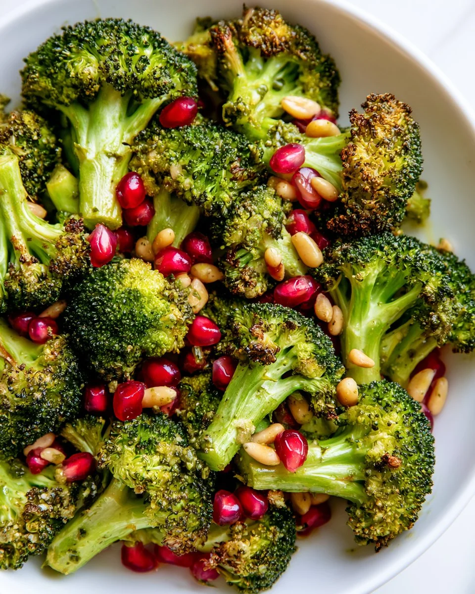 Pesto roasted broccoli florets on a serving plate