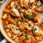 Bowl of quick leftover turkey bean soup topped with herbs and spices