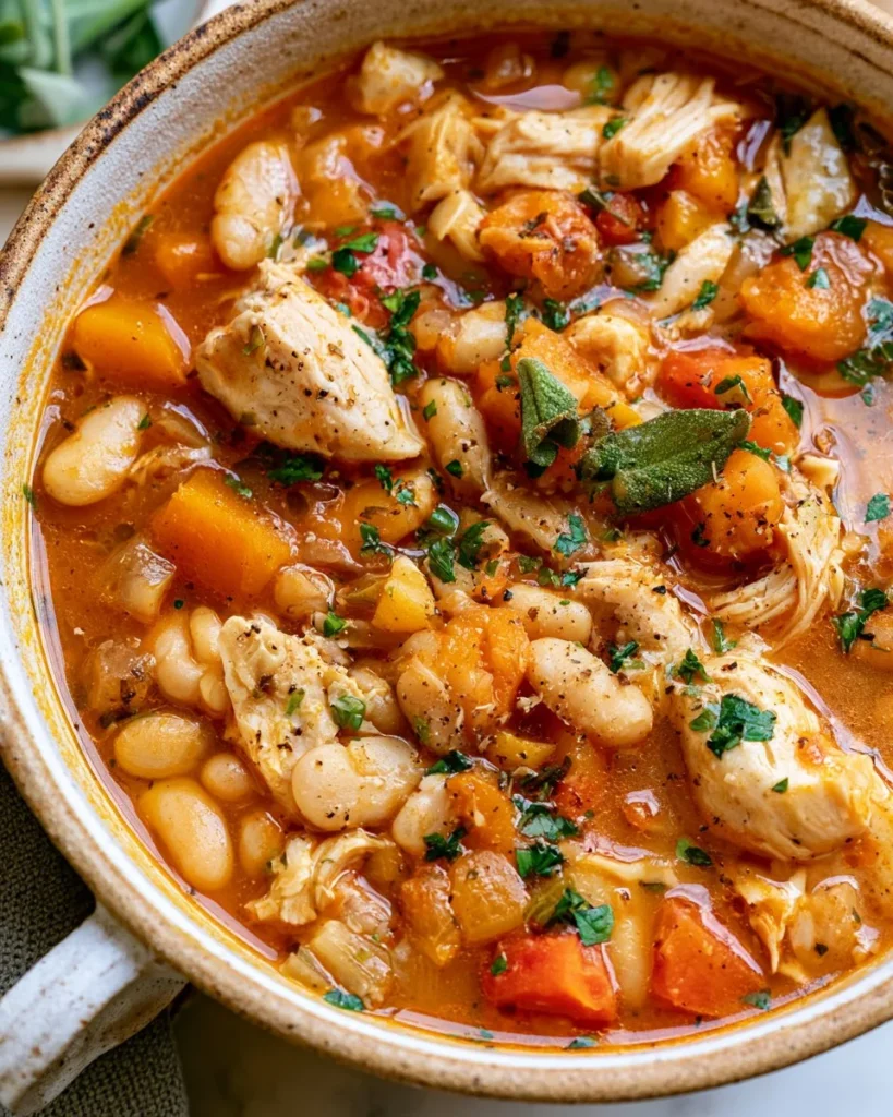 Bowl of quick leftover turkey bean soup topped with herbs and spices