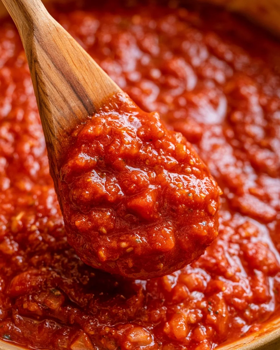Rachel's quick homemade marinara sauce in a bowl with fresh basil and tomatoes.