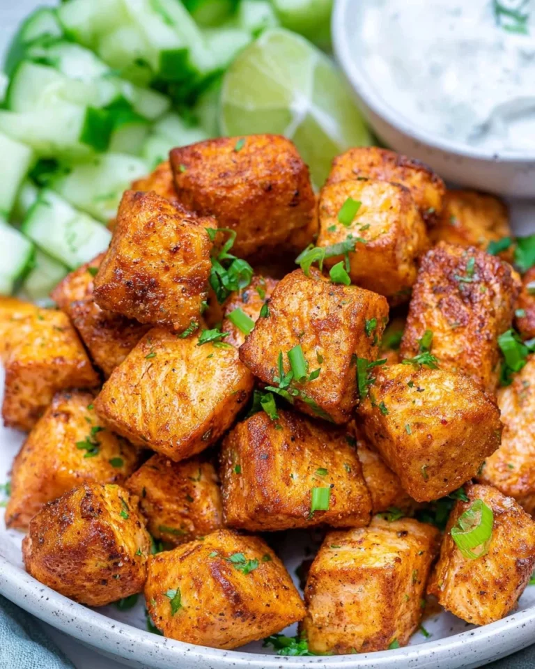 Plate of roasted salmon bites, garnished and ready to serve.