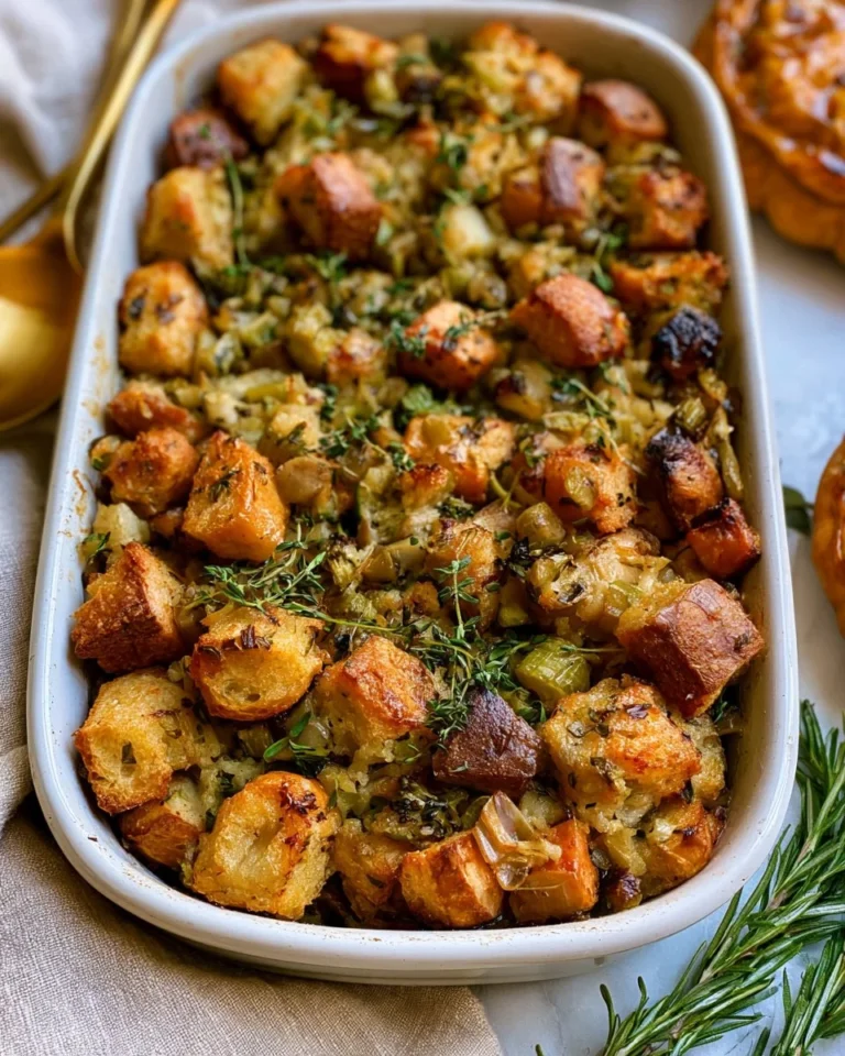 Delicious bowl of simple vegan stuffing with herbs and vegetables