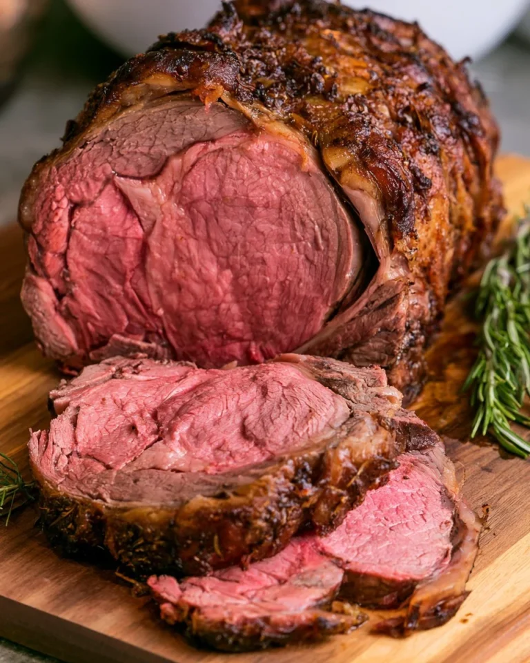 Delicious smoked prime rib roast served on a wooden platter with herbs.