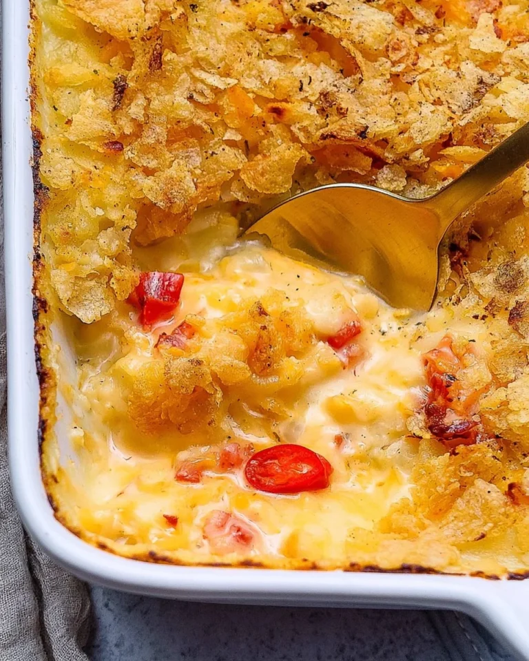 Delicious special cheesy potato casserole baked to perfection with gooey cheese.