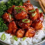 Delicious sticky sweet chilli chicken served with vibrant vegetables