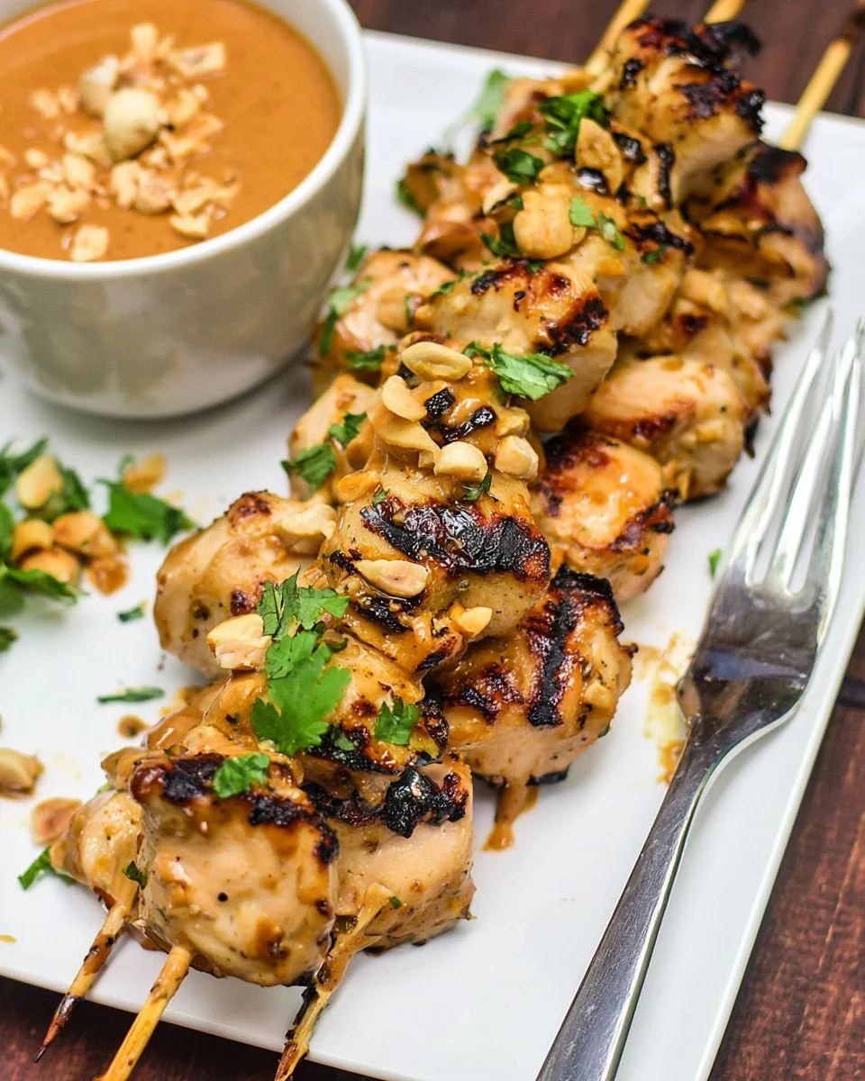 Delicious Thai Chicken Skewers served with creamy peanut sauce on a plate