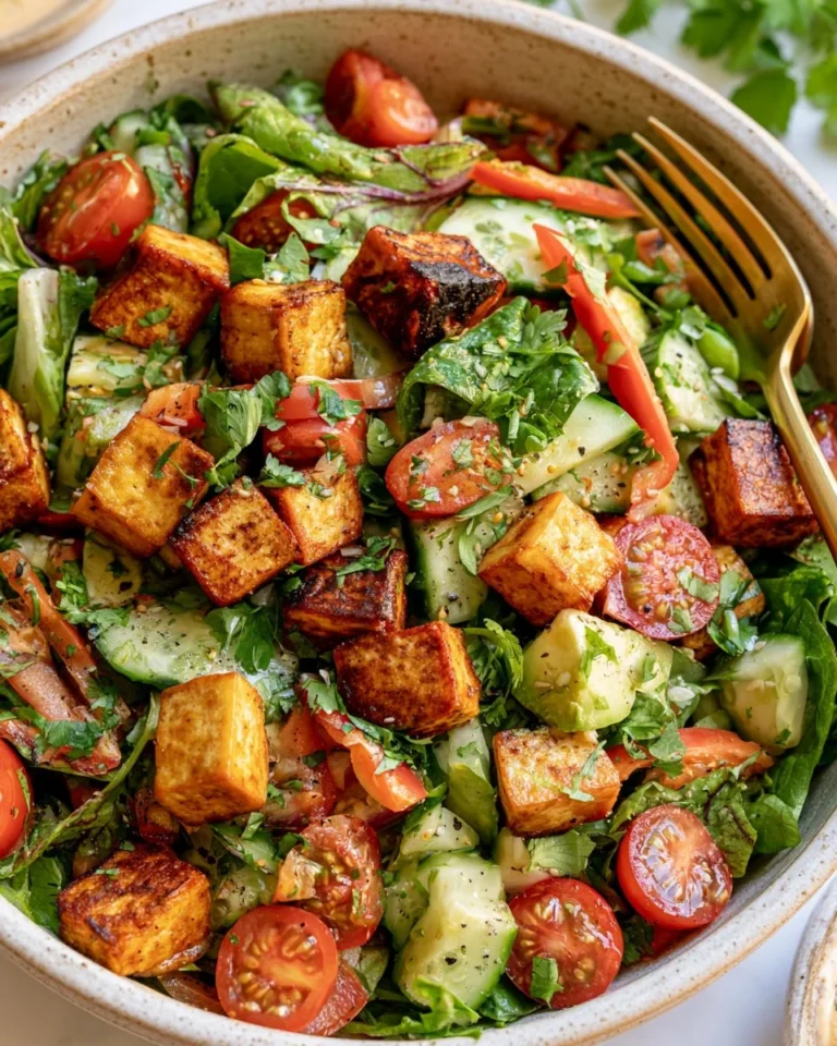 Colorful and nutritious tofu salad with fresh vegetables and dressing.