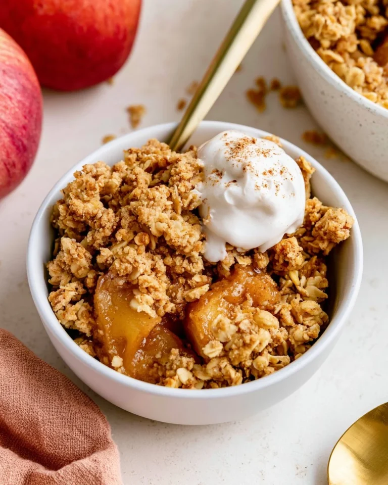 Delicious Vegan Apple Crisp topped with oatmeal and spices