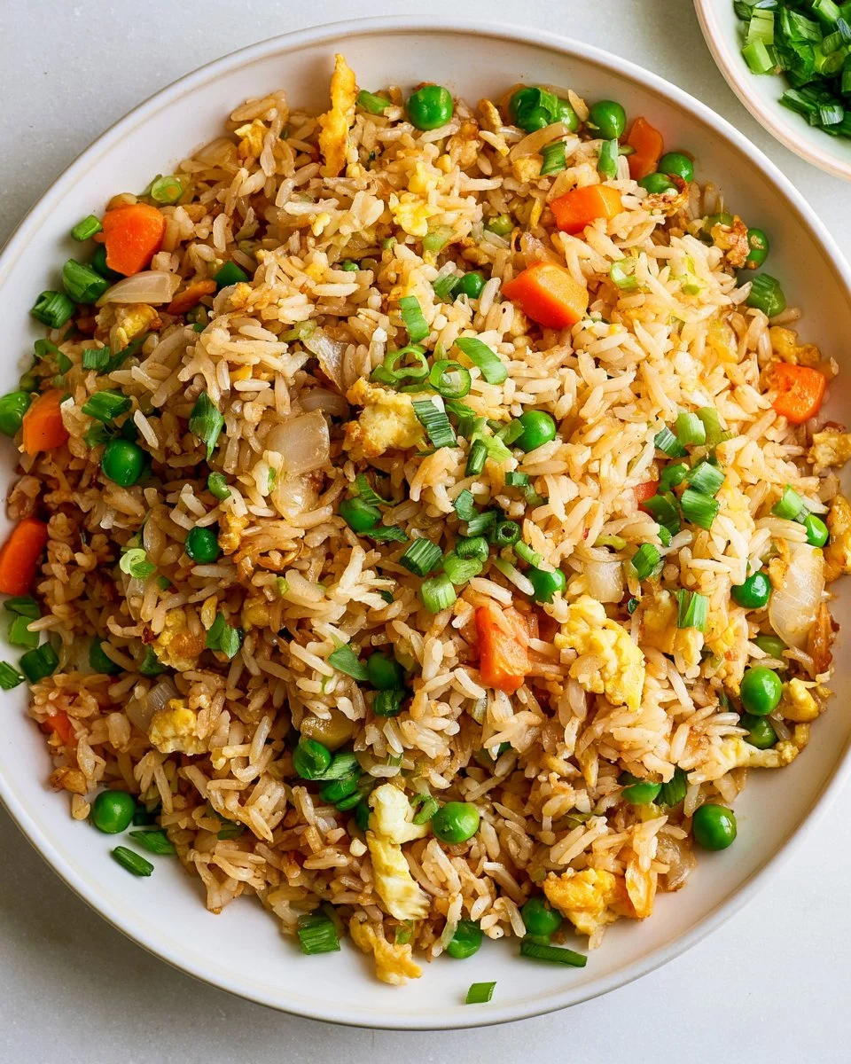 Bowl of colorful vegetarian fried rice with mixed vegetables and herbs.